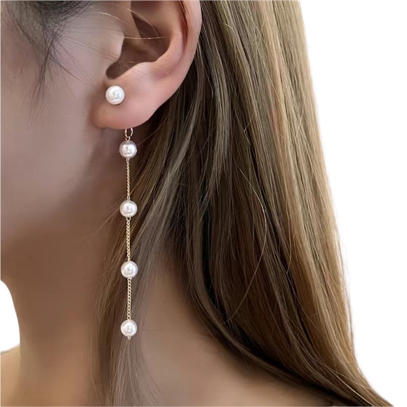 Pearl and Gold Chain Drop Earrings - Picture 1 of 6